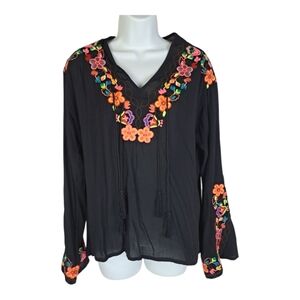 Misa Los Angeles Boho Chic Embroidered Black Floral Women's Top